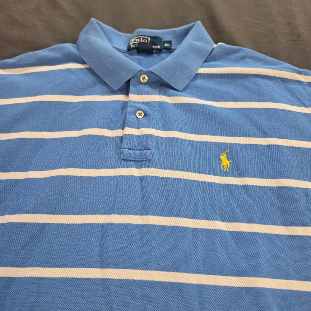 Polo Ralph Lauren Mens XL Blue White Striped Short Sleeve Pique Polo Shirt Vtg